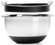 Rührschüssel aus Edelstahl mit schwarzem Deckel, seitliche Perspektive