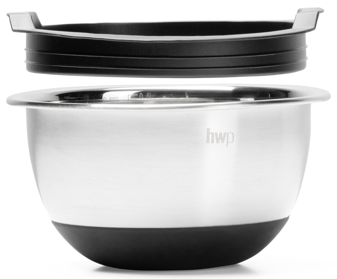 Rührschüssel aus Edelstahl mit schwarzem Deckel, seitliche Perspektive