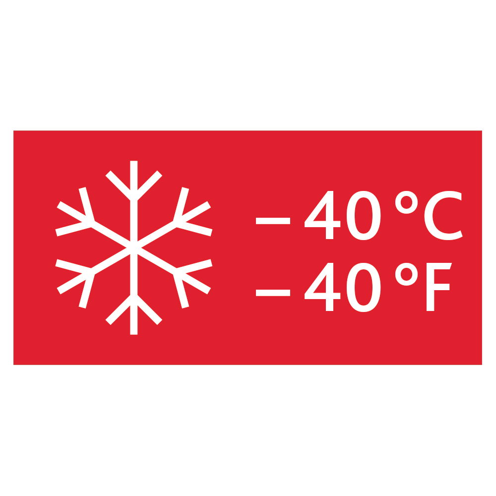 Rotes Symbol mit einem weißen Schneeflocken-Icon und der Temperaturangabe -40°C/-40°F, frontal betrachtet.