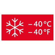 Rotes Symbol mit einem weißen Schneeflocken-Icon und der Temperaturangabe -40°C/-40°F, frontal betrachtet.