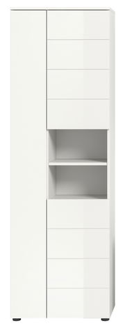 Moderner weißer Hochschrank mit mehreren Schubladen und offenen Regalfächern, Frontalansicht