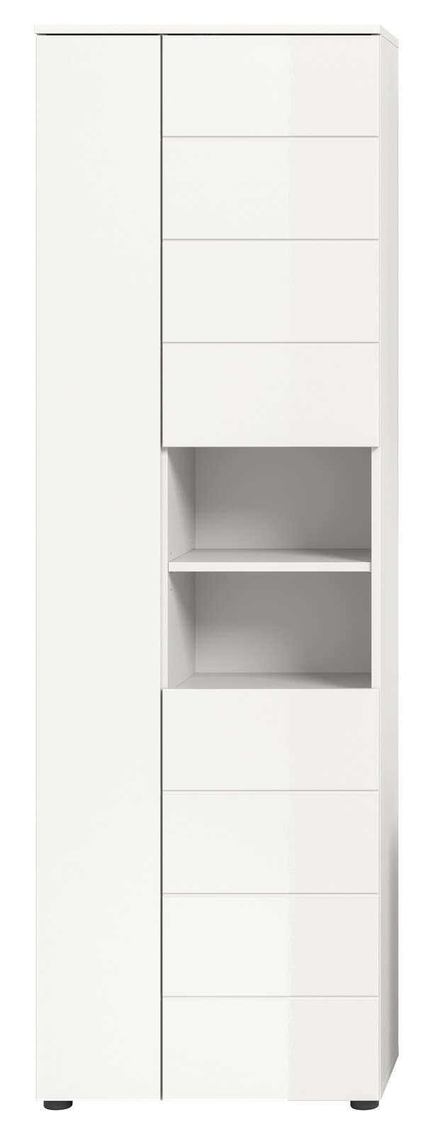 Moderner weißer Hochschrank mit mehreren Schubladen und offenen Regalfächern, Frontalansicht