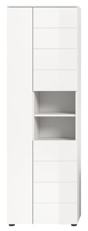 Moderner weißer Hochschrank mit mehreren Schubladen und offenen Regalfächern, Frontalansicht