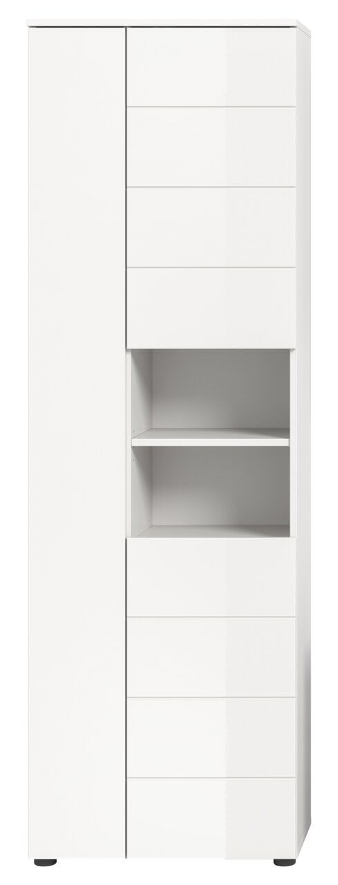 Moderner weißer Hochschrank mit mehreren Schubladen und offenen Regalfächern, Frontalansicht