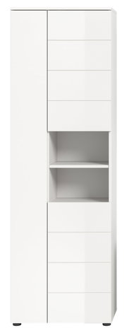Moderner weißer Hochschrank mit mehreren Schubladen und offenen Regalfächern, Frontalansicht