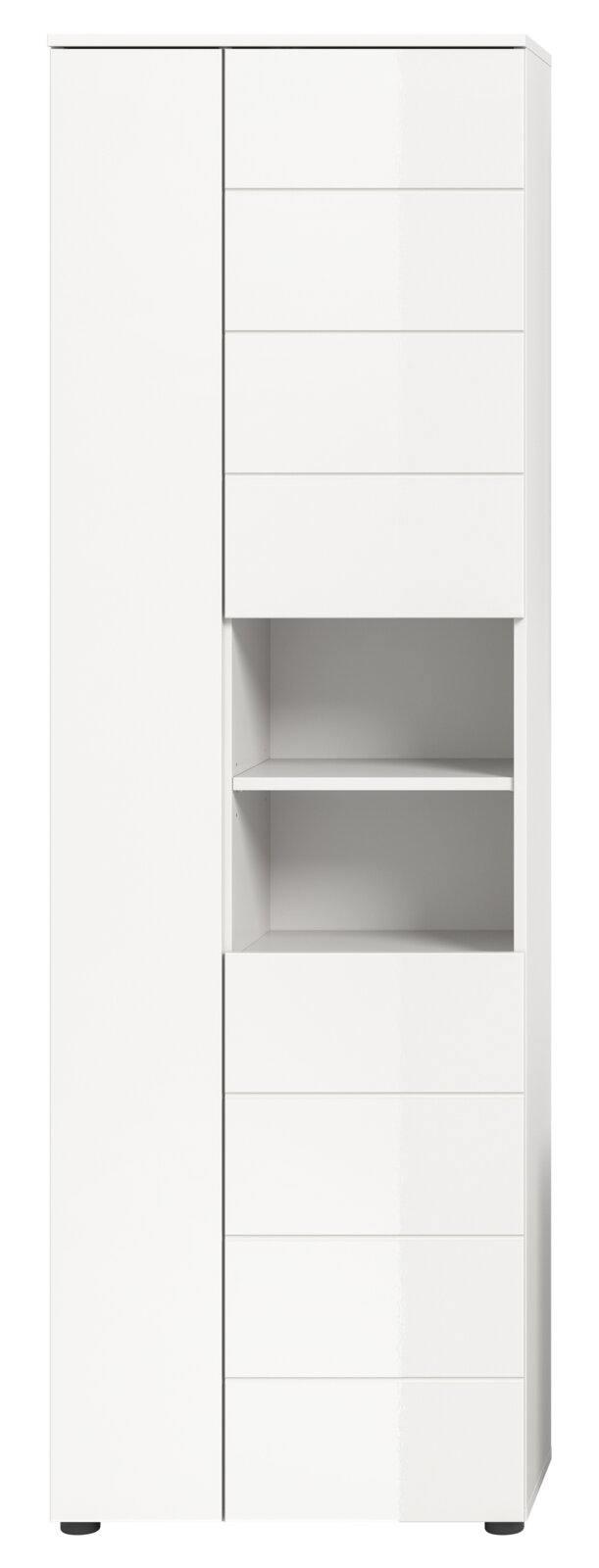 Moderner weißer Hochschrank mit mehreren Schubladen und offenen Regalfächern, Frontalansicht