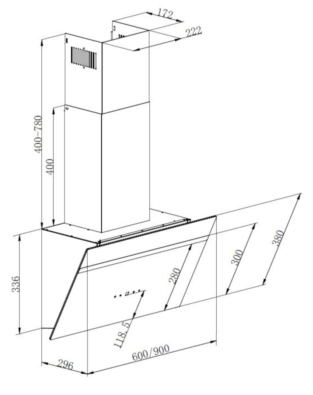 Technische Maßzeichnung einer schrägen Wand-Dunstabzugshaube mit Kamin, dargestellt in isometrischer 3D-Perspektive von vorne/links, mit eingezeichneten Abmessungen (u. a. Breite 600/900 mm).
