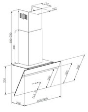 Technische Maßzeichnung einer schrägen Wand-Dunstabzugshaube mit Kamin, dargestellt in isometrischer 3D-Perspektive von vorne/links, mit eingezeichneten Abmessungen (u. a. Breite 600/900 mm).