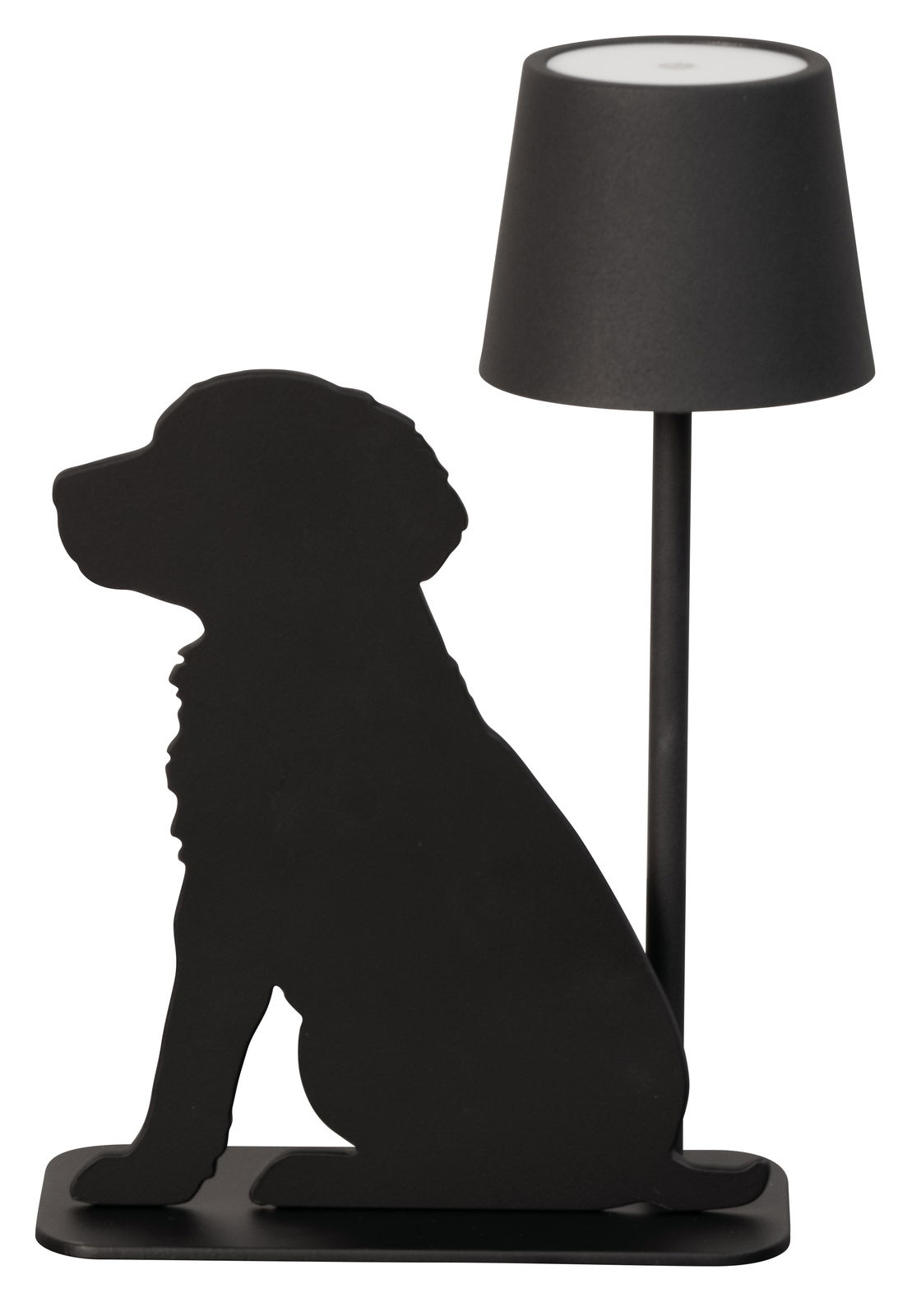 Schwarze Akku-Tischleuchte mit Hundesilhouette, seitliche Perspektive