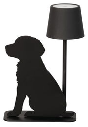 Schwarze Akku-Tischleuchte mit Hundesilhouette, seitliche Perspektive