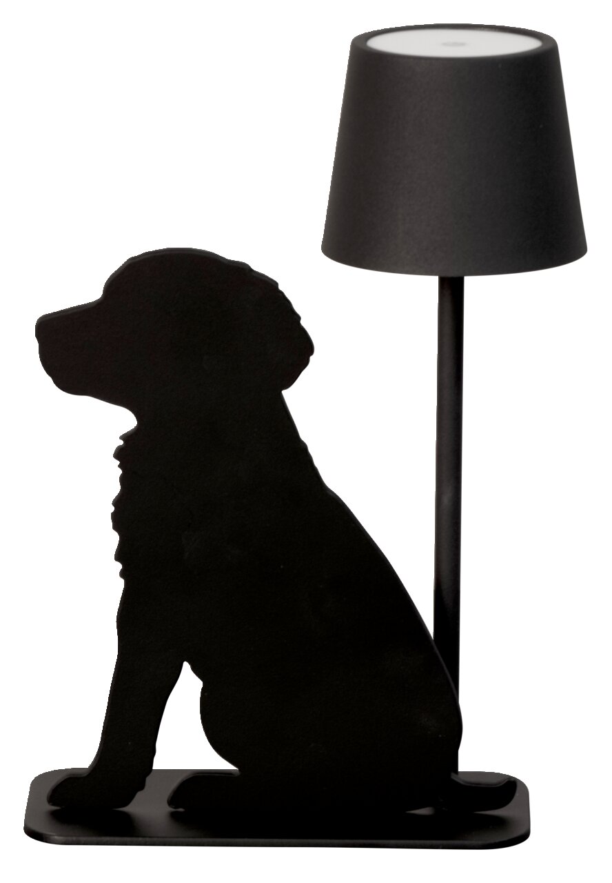 Schwarze Akku-Tischleuchte mit Hundesilhouette, seitliche Perspektive