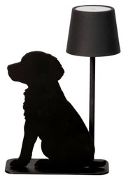 Schwarze Akku-Tischleuchte mit Hundesilhouette, seitliche Perspektive