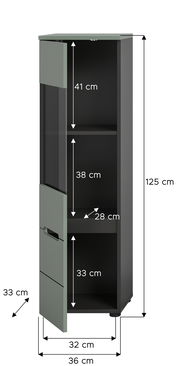 Schmaler Hochschrank in Schwarz mit grauen Türen, geöffnet und mit Maßangaben (Höhe 125 cm, Breite 36 cm, Tiefe 33 cm; Innenfächer 41/38/33 cm), Frontansicht leicht seitlich von vorn.