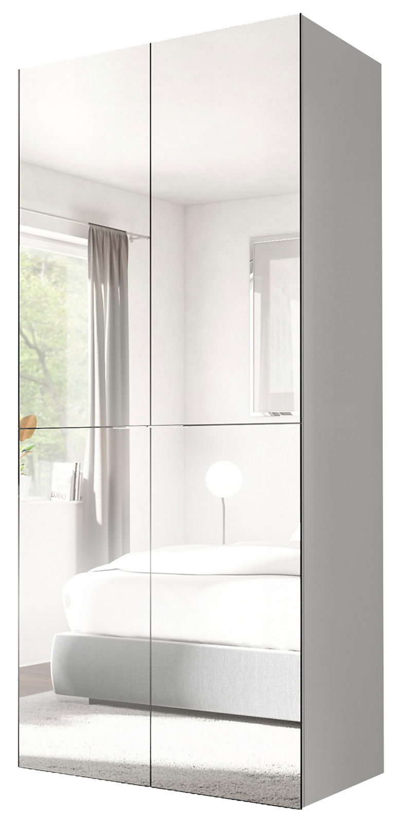 Spiegel-Stauraumschrank 90cm, frontalansicht, modernes Design mit Spiegeltüren, ideal für Schlafzimmer oder Badezimmer.