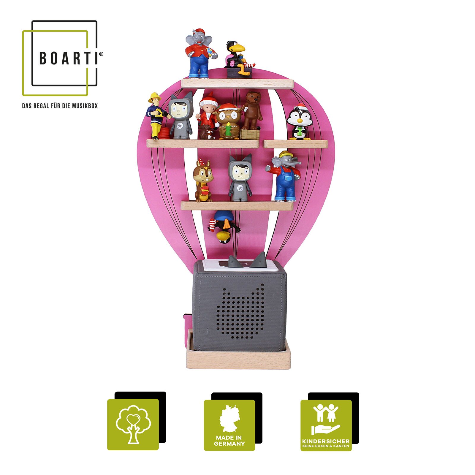 Boarti Regal für Toniebox in Heißluftballon-Design, pinke Rückwand mit Holzablagen und grauer Toniebox unten, bestückt mit Tonie-Figuren – Frontansicht