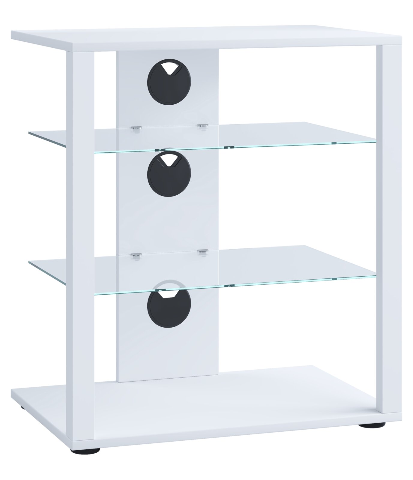 Weißes TV- und HiFi-Rack mit drei Glasablagen und runden schwarzen Kabeldurchführungen, Frontansicht leicht schräg von rechts