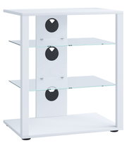 Weißes TV- und HiFi-Rack mit drei Glasablagen und runden schwarzen Kabeldurchführungen, Frontansicht leicht schräg von rechts