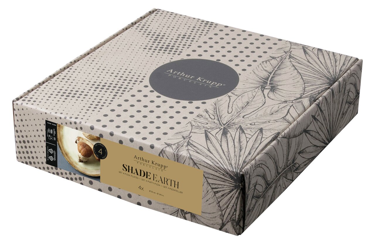 Arthur Krupp Pizzateller Shade Earth 4-tlg. Verpackung der Pizzateller Shade Earth von Arthur Krupp, mit floralem Design und Punktmuster, aus schräger Perspektive.