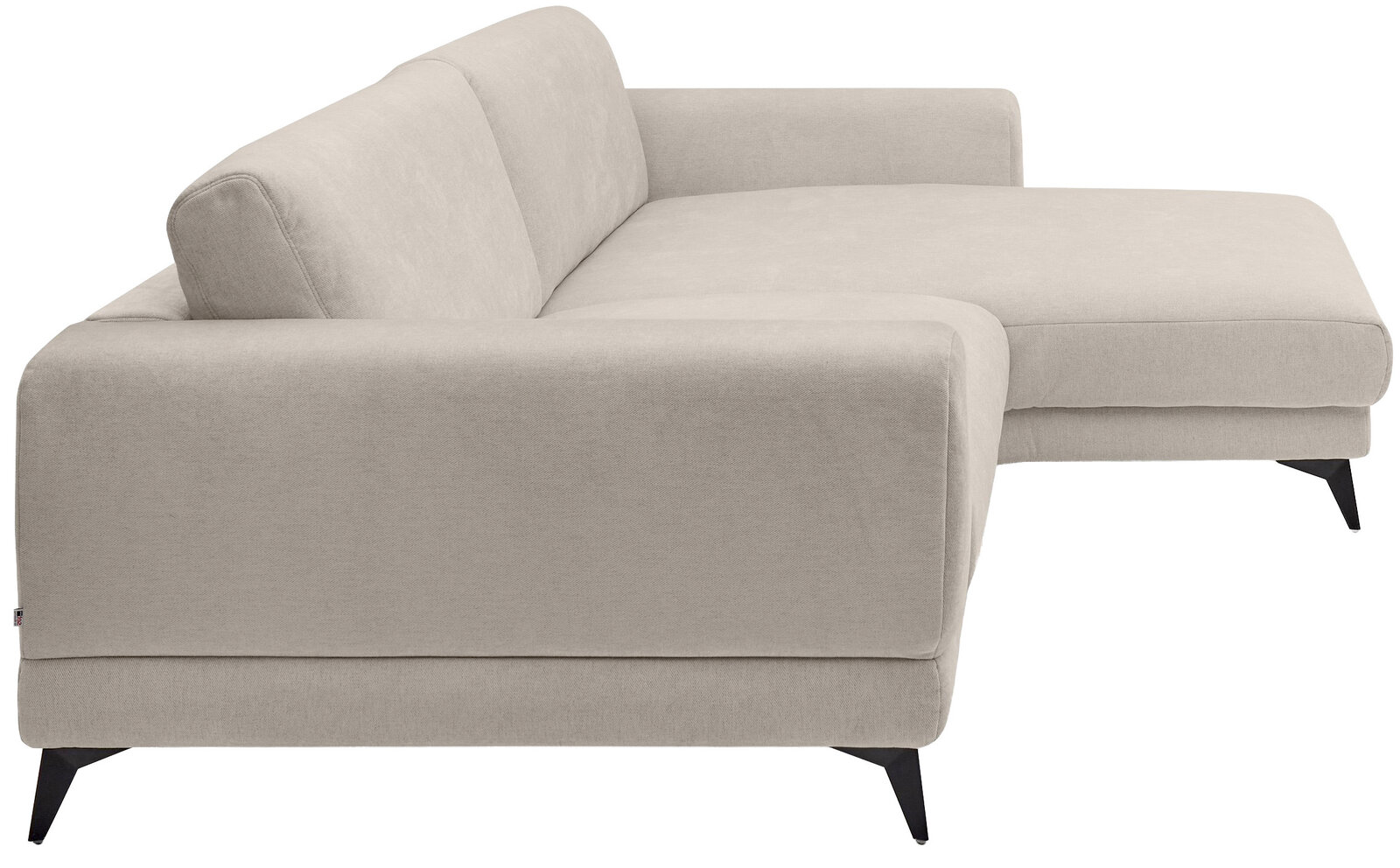 Beige Ecksofa mit schwarzem Metallfuß, seitliche Perspektive
