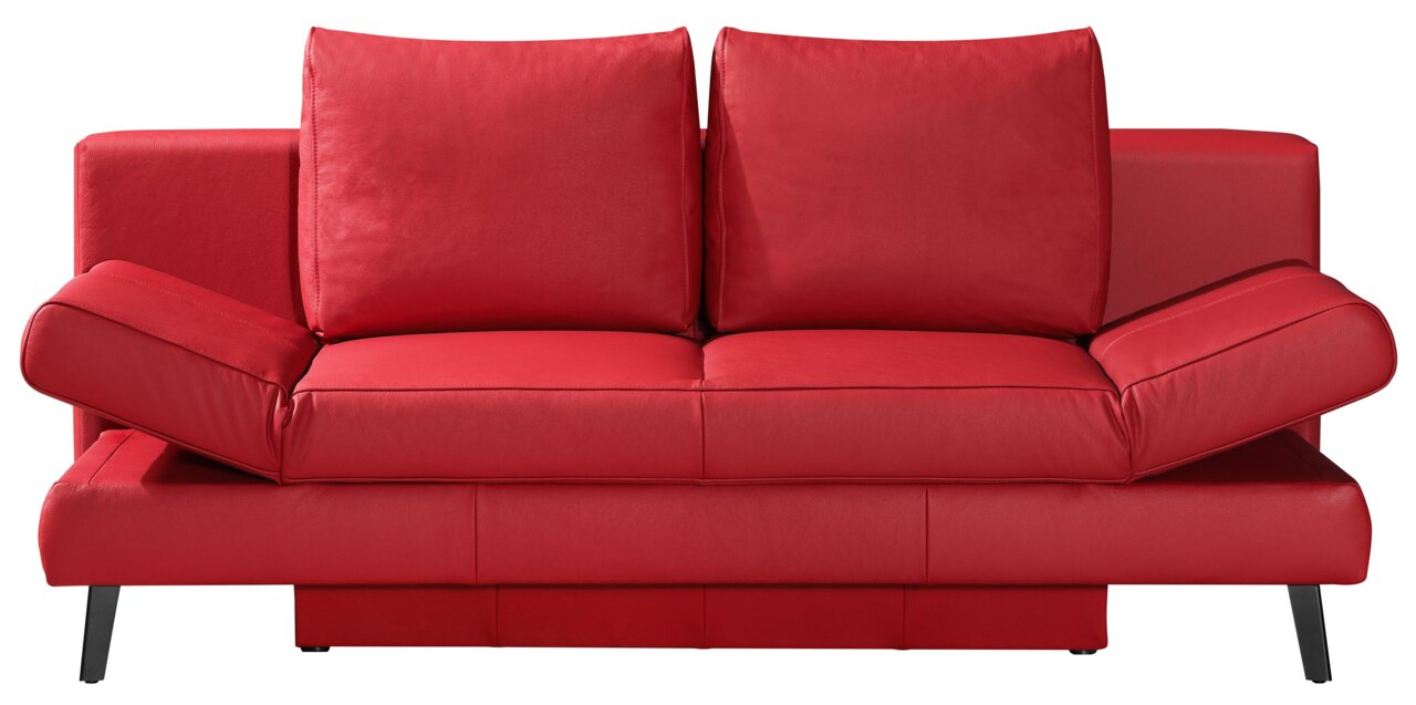 Rotes Querschläfer-Sofa mit zwei großen Rückenkissen, frontal betrachtet.