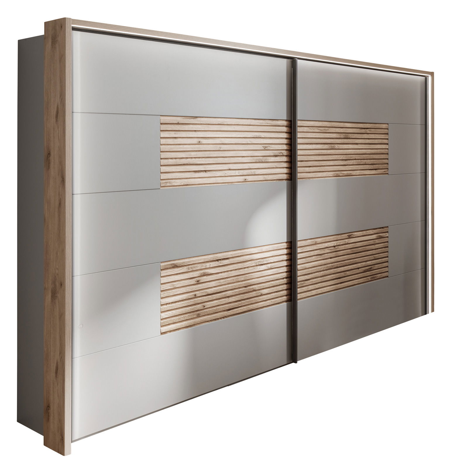 Moderner Kleiderschrank mit Schiebetüren in Holzoptik und grauen Paneelen, seitliche Perspektive