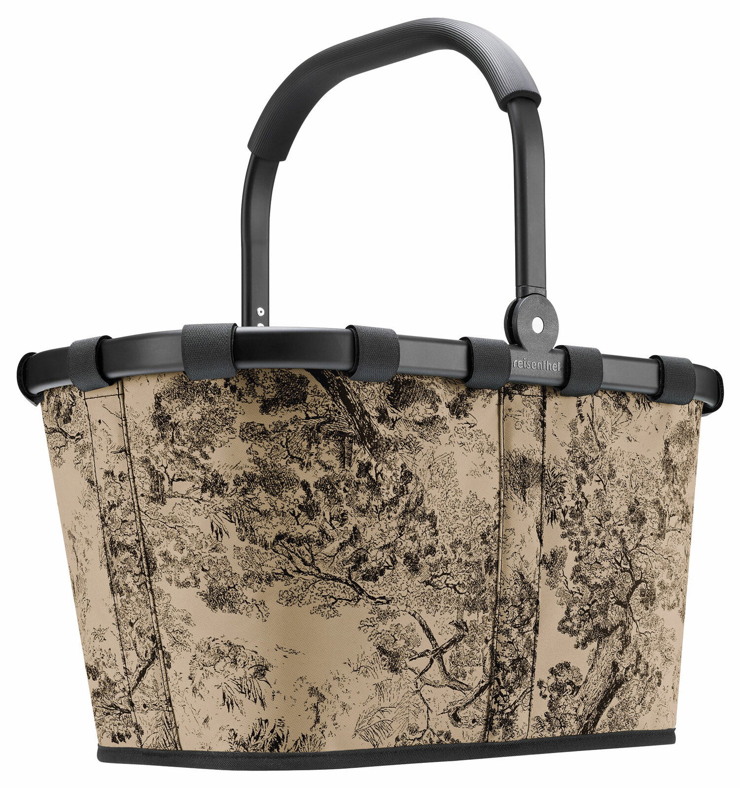 Carrybag mit schwarzem Griff und beige-schwarzem Waldmuster, seitliche Perspektive