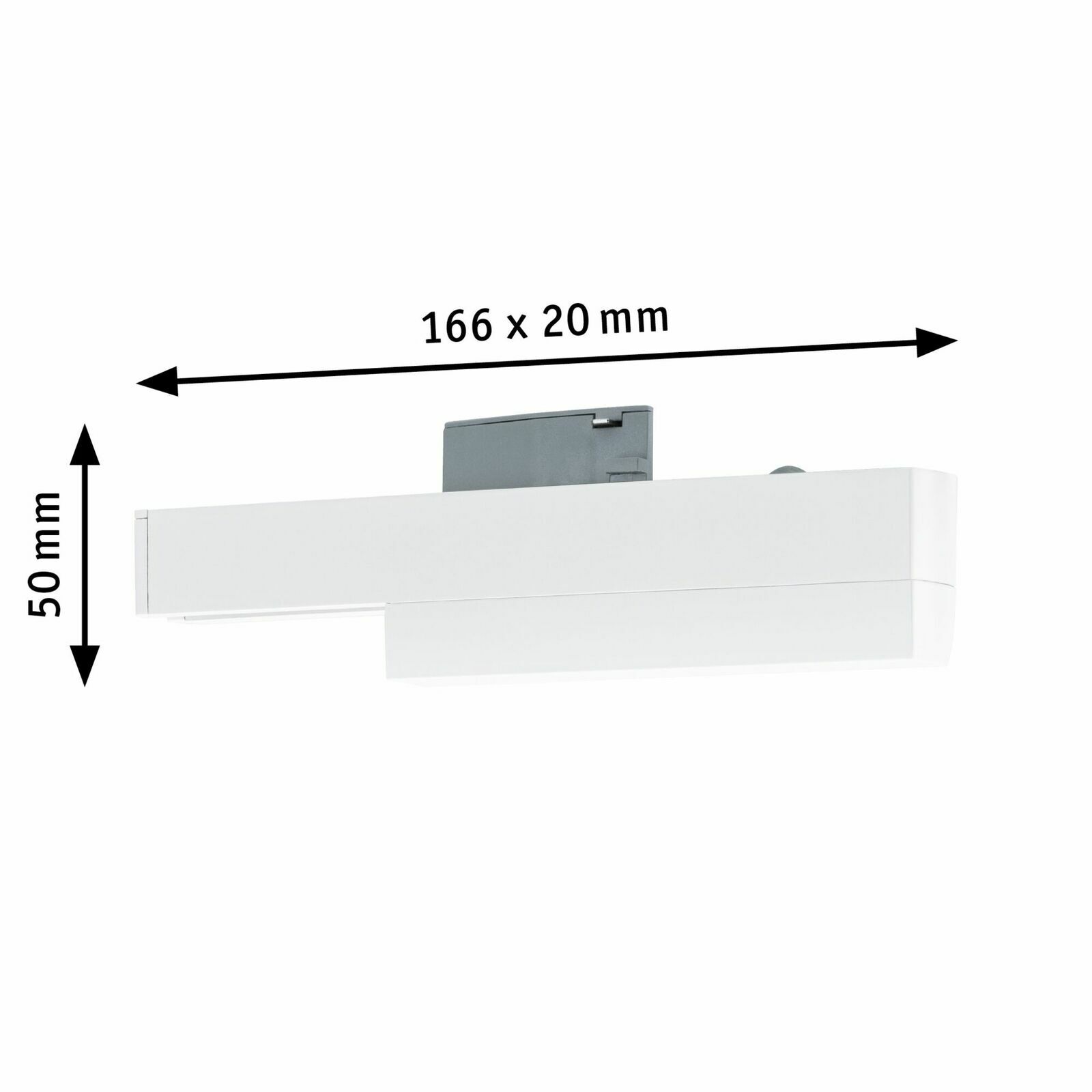 Seitenansicht eines weißen SingleAdapters Zigbee mit den Maßen 166 x 20 x 50 mm.