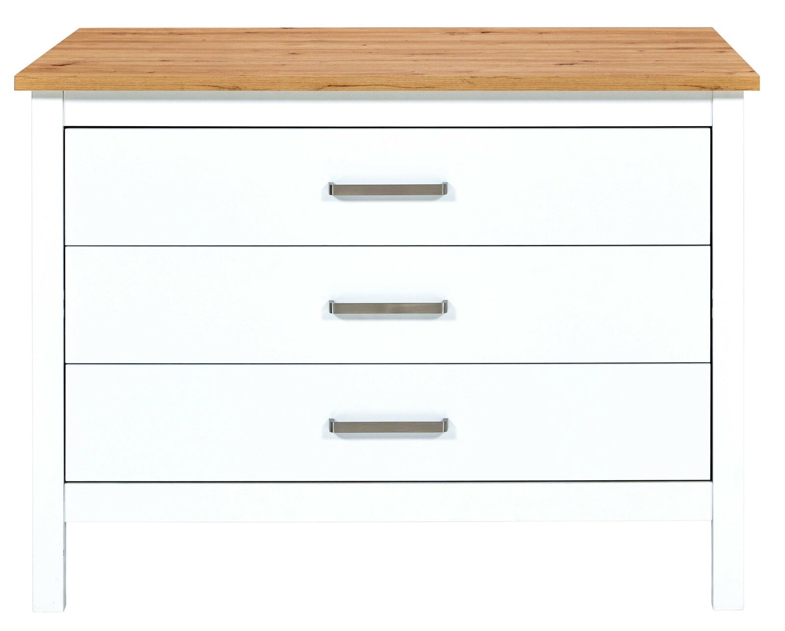 Frontansicht einer Kücheninsel mit drei weißen Schubladen und einer Holzoberfläche.