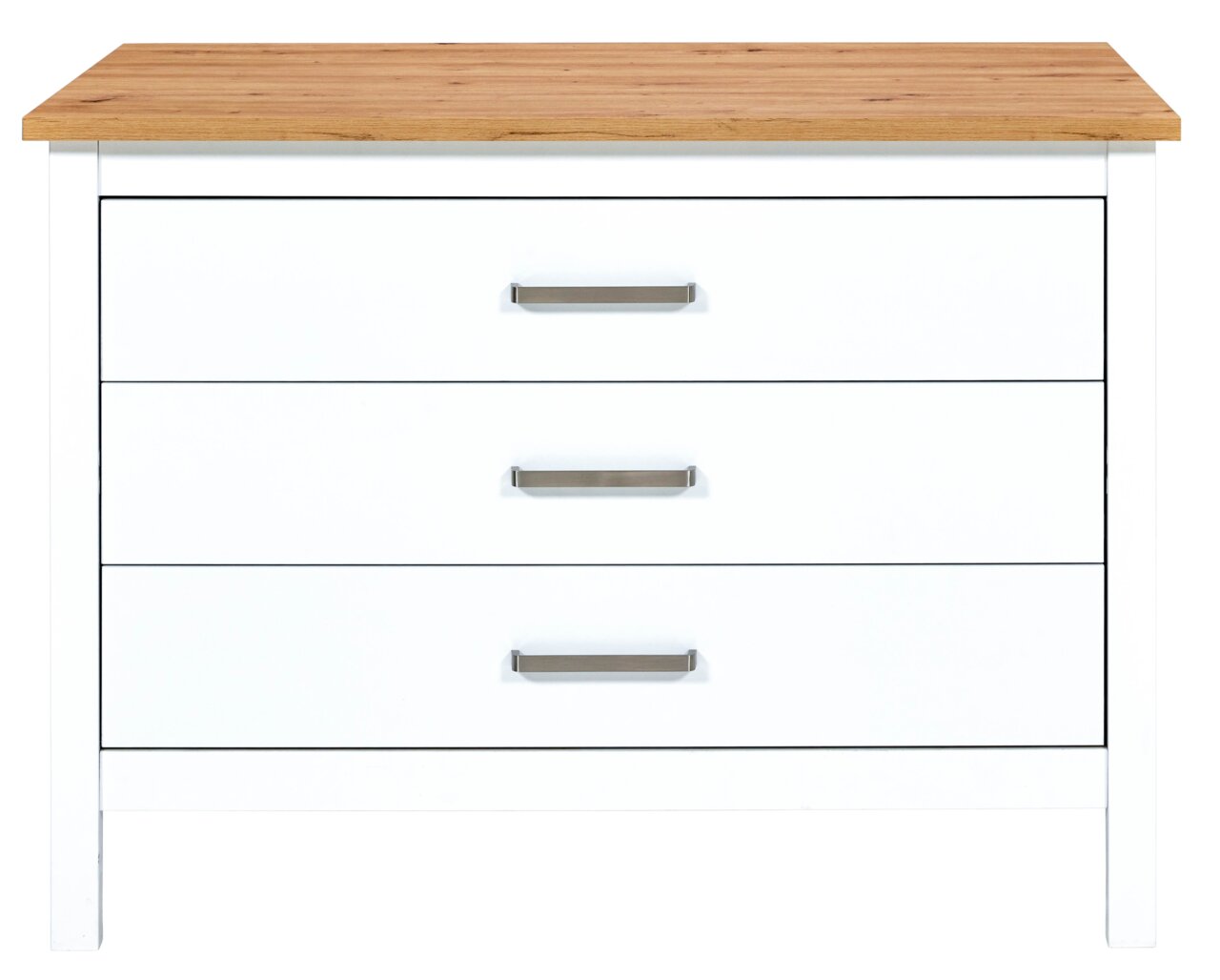 Frontansicht einer Kücheninsel mit drei weißen Schubladen und einer Holzoberfläche.