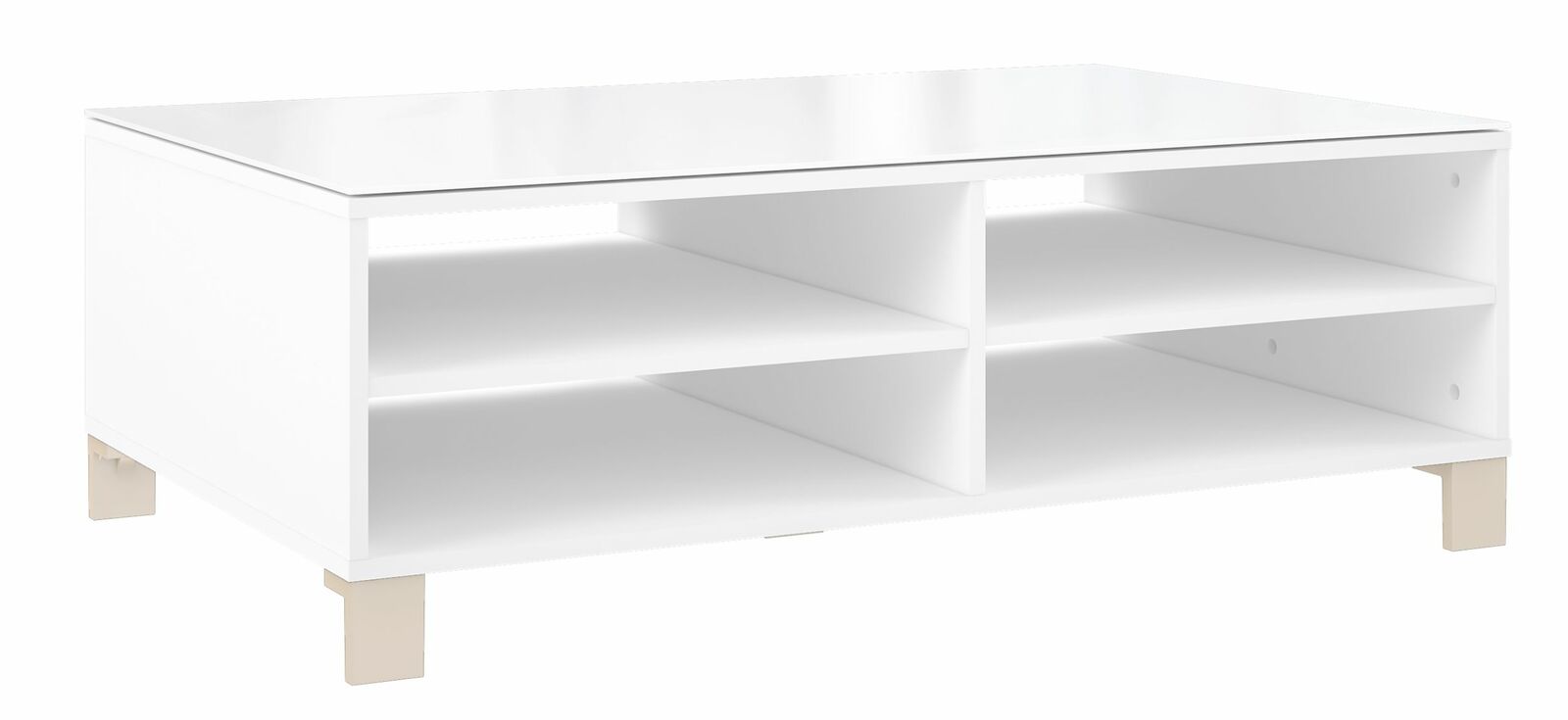 Hom´in Couchtisch POOLE Moderner weißer Couchtisch mit offenen Regalfächern, seitliche Perspektive