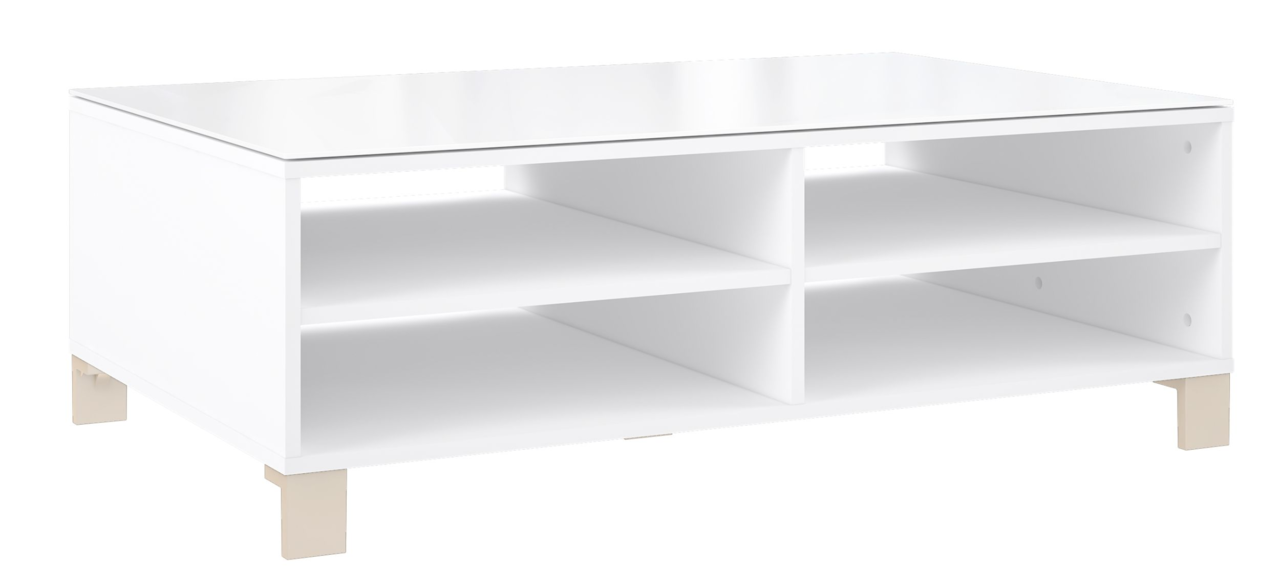 Hom´in Couchtisch POOLE Moderner weißer Couchtisch mit offenen Regalfächern, seitliche Perspektive