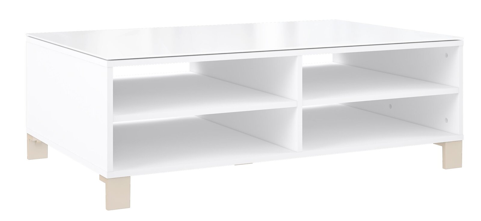 Moderner weißer Couchtisch mit offenen Regalfächern, seitliche Perspektive