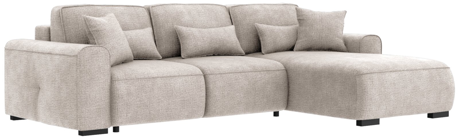 Beige Ecksofa mit mehreren Kissen, Perspektive von vorne links