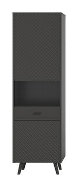 Schwarze Vitrine mit geometrischem Muster, frontal betrachtet