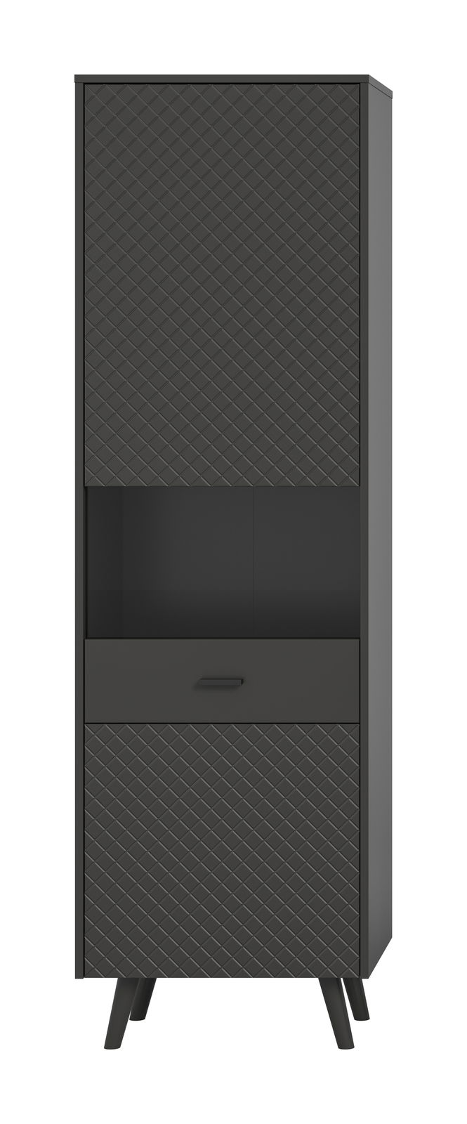 Schwarze Vitrine mit geometrischem Muster, frontal betrachtet