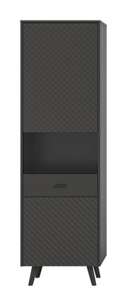 Schwarze Vitrine mit geometrischem Muster, frontal betrachtet