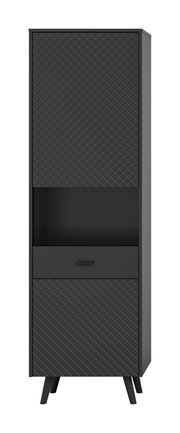 Schwarze Vitrine mit geometrischem Muster, frontal betrachtet