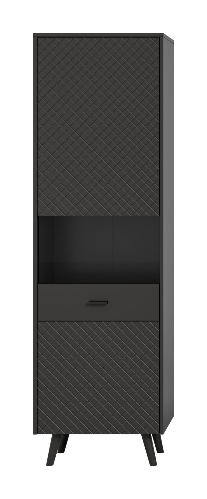 Schwarze Vitrine mit geometrischem Muster, frontal betrachtet