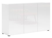 Weiße, moderne Kommode mit drei Türen, frontal betrachtet.