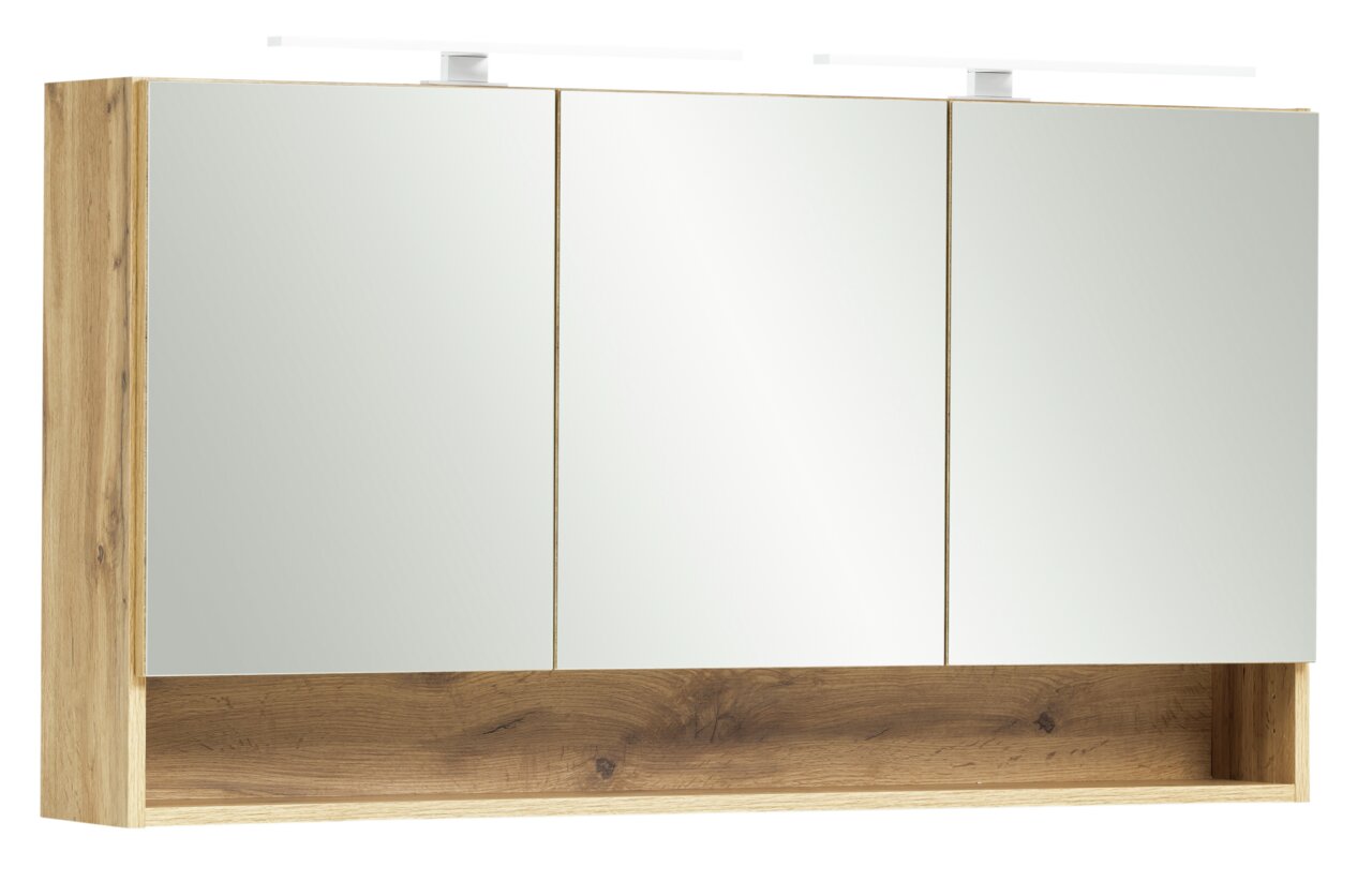 Spiegelschrank mit drei Türen und Holzrahmen, frontale Ansicht