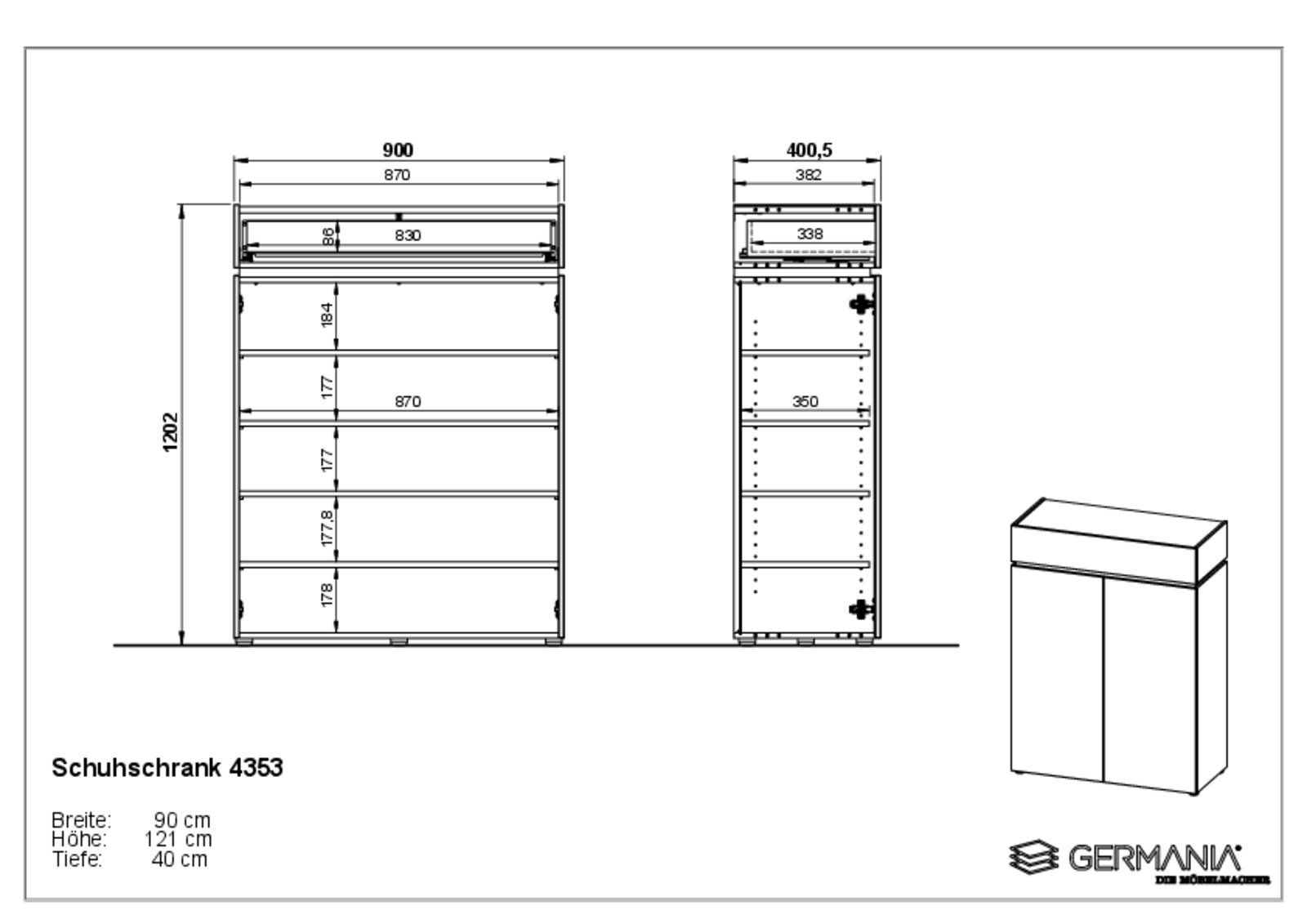 Technische Zeichnung eines Schuhschranks mit den Maßen Breite 90 cm, Höhe 121 cm, Tiefe 40 cm. Front- und Seitenansicht sowie perspektivische Darstellung.