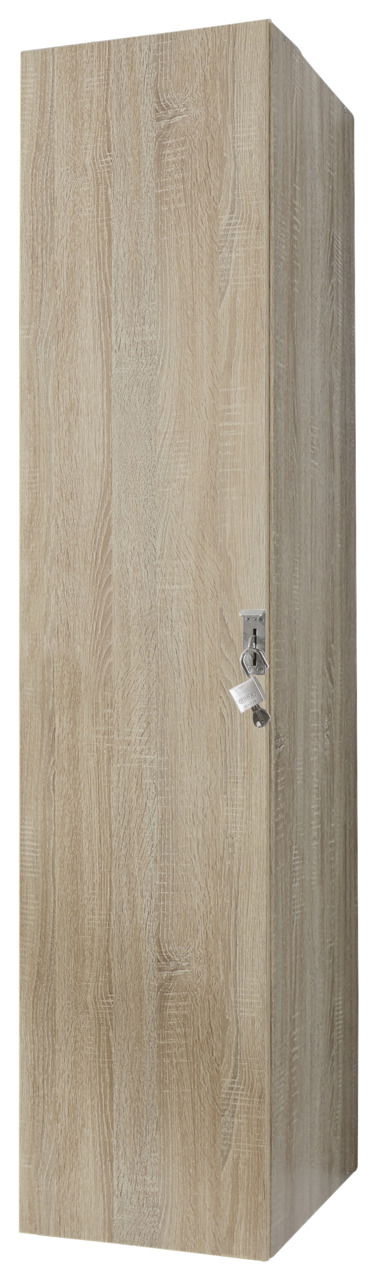 Abschließbarer Kleiderschrank aus Holz in heller Eichenoptik, seitliche Perspektive