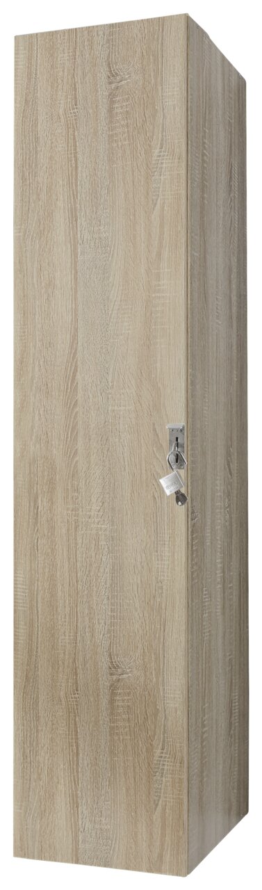 Abschließbarer Kleiderschrank aus Holz in heller Eichenoptik, seitliche Perspektive