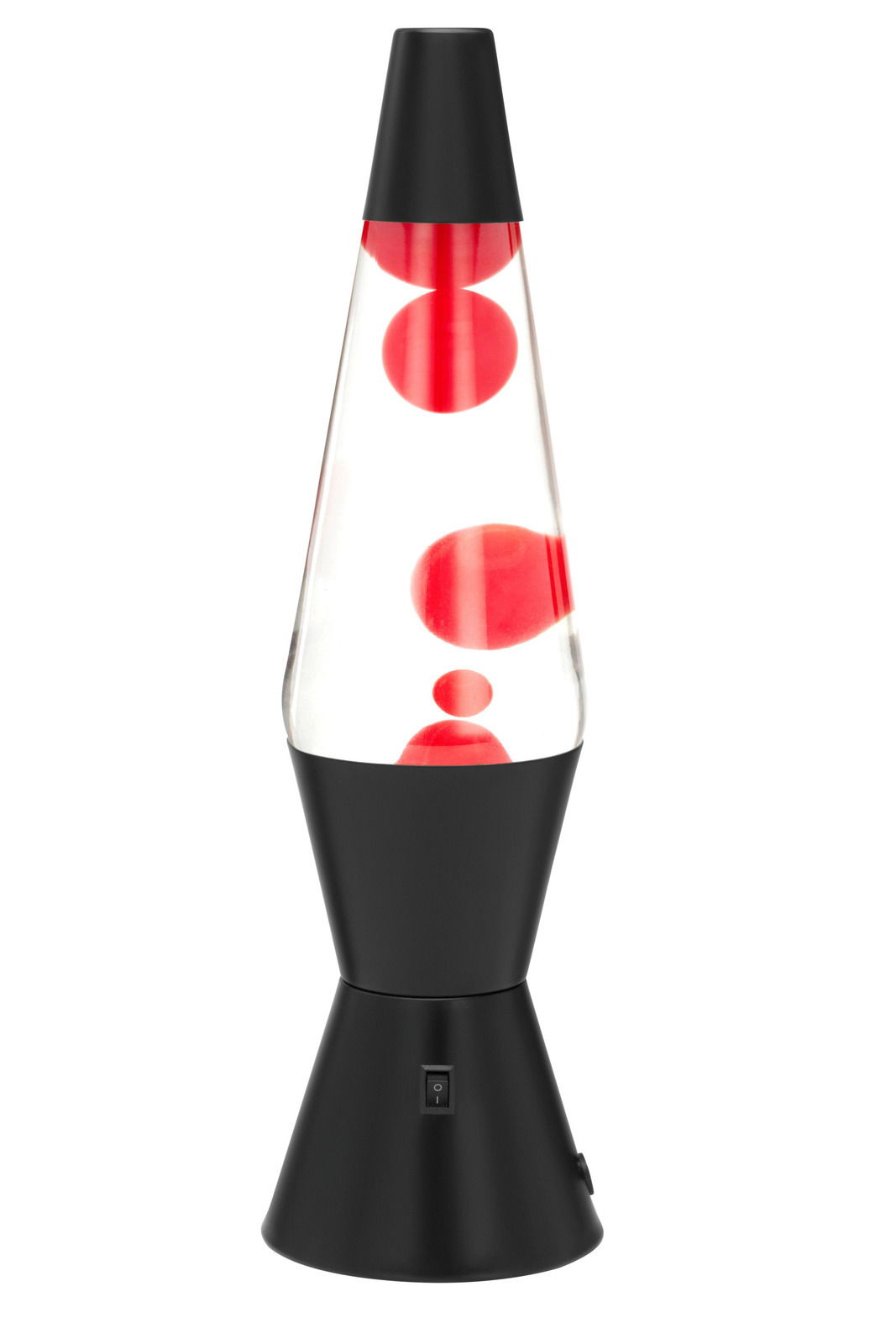 Schwarze Lavaleuchte mit roter Flüssigkeit, frontal fotografiert