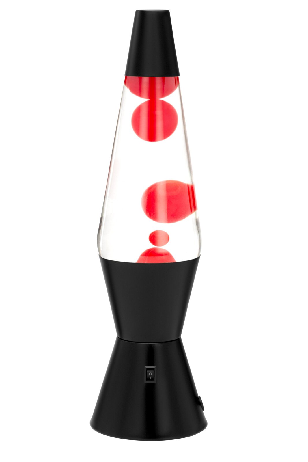 Zwarte lavalamp met rode vloeistof, van voren gefotografeerd
