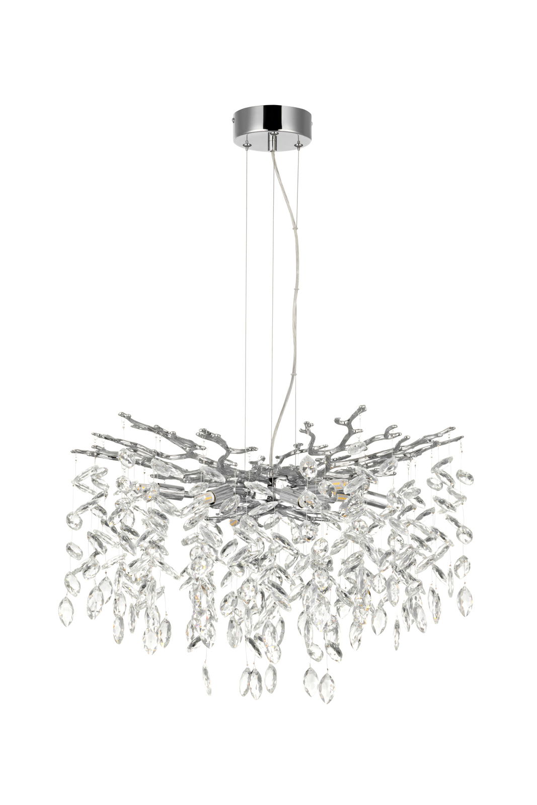 Moderne Hängeleuchte mit Kristallanhängern, seitliche Perspektive