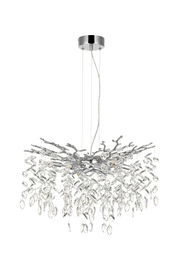 Moderne Hängeleuchte mit Kristallanhängern, seitliche Perspektive