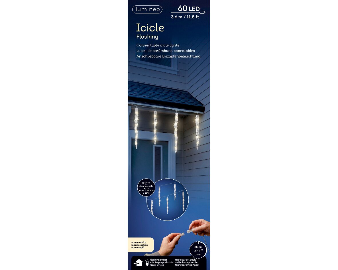 LED-Eiszapfenlichter mit Blinkeffekt, 60 LEDs, 3,6 m Länge, warmweißes Licht, an einem Hausdach montiert, mit transparentem Kabel und Timer-Funktion.