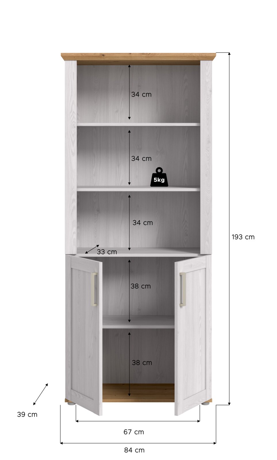 Frontalansicht eines hohen weiß-grau gemaserten Holzregals/Schranks mit naturfarbener Deck- und Bodenplatte, offenen Fächern oben und zwei geöffneten Türen unten; Maßgrafik zeigt ca. 193 cm Höhe, 84 cm Breite und 39 cm Tiefe sowie Fachhöhen (34/38 cm) und