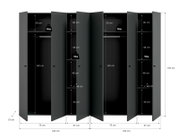 Frontansicht eines geöffneten, dunkelgrauen Kleiderschranks mit mehreren Türen, Kleiderstangen und Fächern; Maße und Fachhöhen sind eingezeichnet (u. a. Höhe 176 cm, Tiefe 51 cm, Breiten 120 cm/75 cm/37 cm) sowie 5-kg-Belastungsangaben.